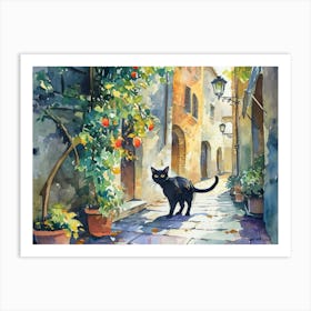 Black Cat In Ravenna, Italy, Street Art Watercolour Painting 3 Art Print