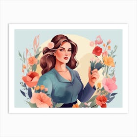 Illustration Of A Woman Holding Flowers Art Print