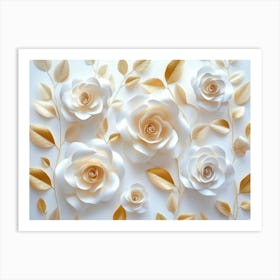 3d White Paper Roses on A White Background, Golden Leaves, An Elegant Floral Pattern 1 Art Print