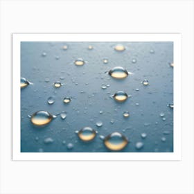 Close Up Shot Of Water Droplets On A Blue Surface, Illuminated By A Warm, Golden Light Art Print