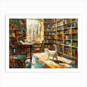 White Cat In The Library - In The Study Room Art Print