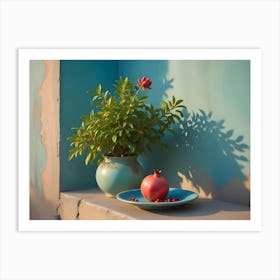 A Pomegranate On A Blue Plate Next To A Vase With A Green Plant Art Print