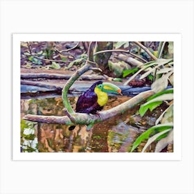 Vibrant Toucan in the Rainforest. A colorful toucan rests gracefully on a branch amidst a lush rainforest setting. Its vivid yellow chest and bright green beak contrast beautifully with the soft reflections in the water below, capturing the vibrant essence of tropical wildlife. Art Print