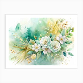 Watercolor Painting Of A White Flower Bouquet With Green And Gold Foliage 1 Art Print