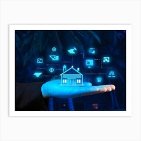 Artificial Intelligence Concept Visualized As A Hand Holding A Glowing Blue Diagram Of A Smart Home (7) Art Print