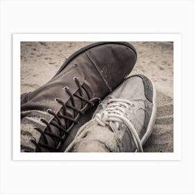 Shoes Of Man And Woman Lying Next To Each Other On The Sand 1 Art Print