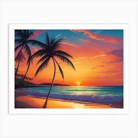 A Tranquil Beach At Sunset Horizontal Illustration 37 Art Print