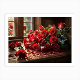 Red Roses In Front Of Window Art Print