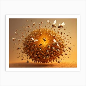 A Spherical Beehive Covered In Honeycombs And Swarming With Bees Against A Golden Background Art Print