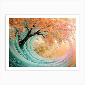 A Dynamic 3d Artwork of a Tree with Emerald Green and Soft Orange Leaves Art Print