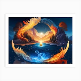 A Glowing Energy Ball Droping Into The Water In A Mystical World -Elements Unfolding Art Print