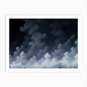 Dark Night Sky With White Clouds And A Silhouetted Forest Art Print