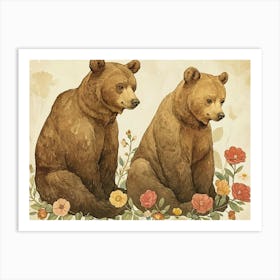 Floral Animal Illustration Brown Bear 4 Art Print