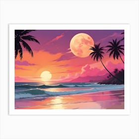 Tropical Sunset With Palm Trees And Ocean Waves 2 Art Print