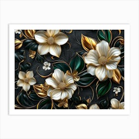 Luxury Floral Seamless With Flowers Elegant Leather Texture Illustration Background In Golden, Green, White 5 Art Print