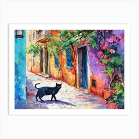Antalya, Turkey   Black Cat In Street Art Watercolour Painting 4 Art Print