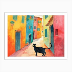 Black Cat In Cesena, Italy, Street Art Watercolour Painting 4 Art Print