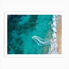 Aerial View Capturing A Single Surfer Carving Through The Azure Waves Silhouetted Against The Cryst (4) Art Print