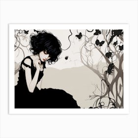 Sad Gothic Girl In A Black Dress Red Accent Art Print