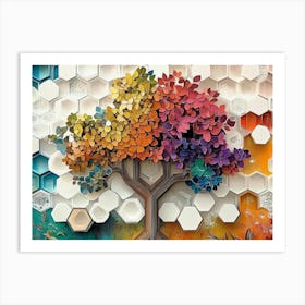 Colorful 3d Artwork With A Whimsical Tree On Oak, White Lattice, And Vibrant Hexagonal Patterns Art Print