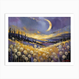 A Field Of Golden Dandelions In The Moonlight Art Print