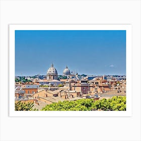 Rooftops and Domes in Rome. This image depicts a picturesque view of a historic cityscape, characterized by its terracotta rooftops and prominent domed structures. The two large domes, likely belonging to significant religious or historical buildings, stand out against a clear blue sky. The foreground is filled with a variety of buildings, showcasing a mix of architectural styles and colors, while lush green trees add a touch of nature to the urban scene. Art Print