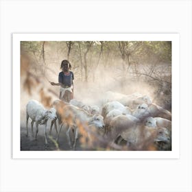 Girl With Her Goats Art Print