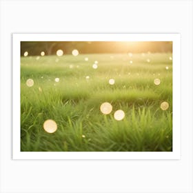 A Close Up Shot Of A Grassy Field At Sunset, With Water Droplets And Bokeh Effects Art Print