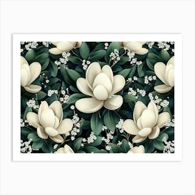 Magnolia Flowers Seamless Pattern, Luxury Art, Floral Background Art Print