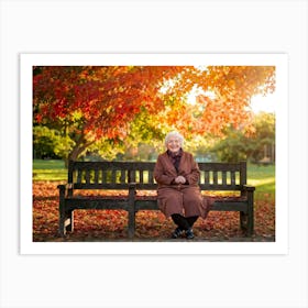 Elderly Woman Radiating Joy Seated On A Rustic Wooden Bench In A Lush Park Surrounded By A Kaleido Art Print