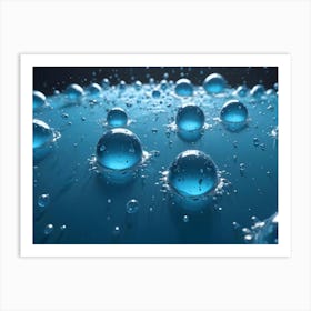 A Macro Shot Of Several Water Droplets Suspended On A Blue Surface, Creating A Sense Of Depth And Ethereal Beauty Art Print