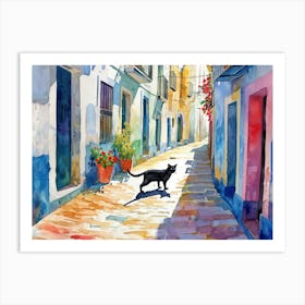 Cadiz, Spain   Cat In Street Art Watercolour Painting 1 Art Print