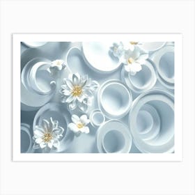 3d Rendering Abstract with Flowers Ornament and White Circles 2 Art Print