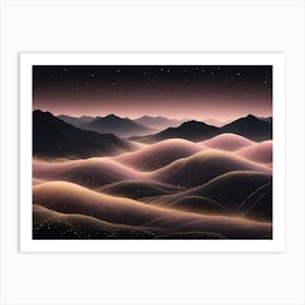 Abstract Landscape With Rolling Hills, A Starry Sky, And Glowing Gold Lines, Creating A Futuristic And Mystical Scene Art Print