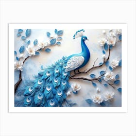 3d Background Blue Peacock On Branch 1 Art Print