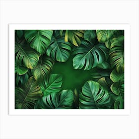 Vibrant Green Background With A 3d Of Dense Tropical Foliage, Lush Leaves In Intricate Art Print