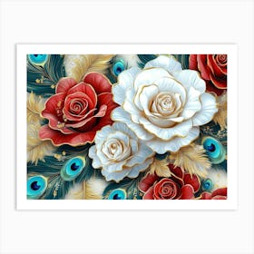 3d Design Illustration Seamless Pattern Diamond Painting White, Crimson, Turquoise And Golden Roses Flowers 1 Art Print