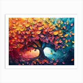 3d Abstraction Art of Tree Surrounded By Many Colorful Leaves Art Print