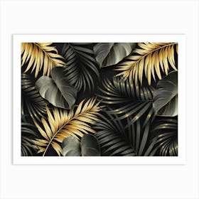 Gold Palm Leaves On Black Background Art Print