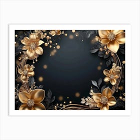 3d Background with Golden Jewelry and Flowers in Black Art Print