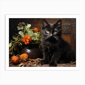 Cute Black Cat And Flowers 06 Art Print