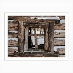 Snowy Log Cabin Window Art Print