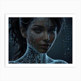 A Digital Portrait Of A Woman With Glowing Lines On Her Face, Representing A Futuristic Or Cyberpunk Aesthetic Art Print