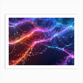 Abstract Background With Vibrant, Flowing Lines Of Interconnected Particles And Dots In Blue, Red, And Orange Hues, Suggesting Data Or Energy Flow 1 Art Print