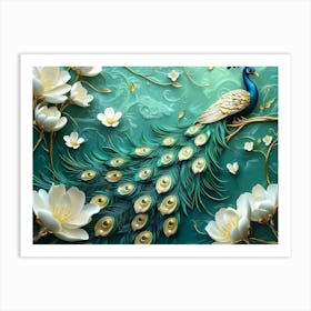 3d Peacock and Flowers with Golden Jewelry and Flowers Art Print