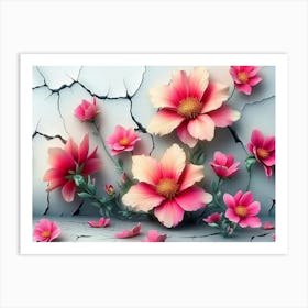 Pink Flowers On Cracked Wall Art Print