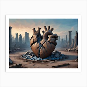 A Large Wooden Heart Lies In A Ruined Cityscape, Surrounded By Broken Columns And Debris Art Print