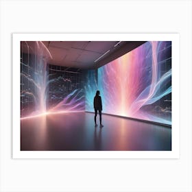 A Woman In A Dark Coat Stands In A Futuristic, Neon Lit Room With A Large Screen Displaying Abstract, Colorful Patterns Art Print