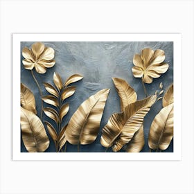 Gold Floral Plants And Palm Leaves 3d Illustration, Grey Background, Abstract Tropical Leaves, Banana Leaves 1 Art Print