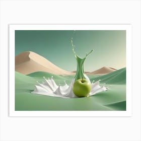 A Green Apple Submerged In A White Milk Splash, Creating A Colorful And Surreal Scene Art Print